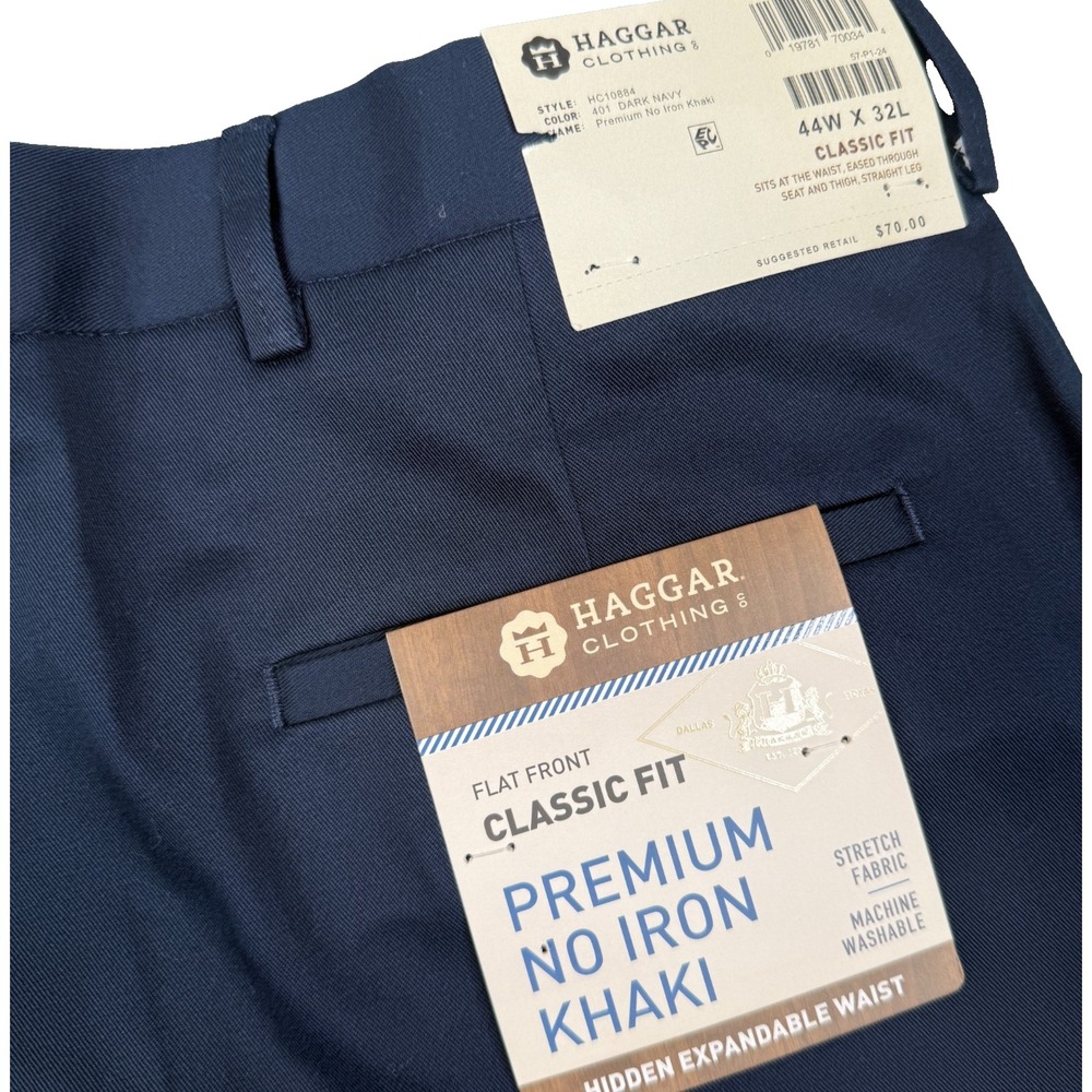 Haggar Premium No Iron Khaki Pants Mens 44x32 Navy Flat Classic Fit Stretch NWT